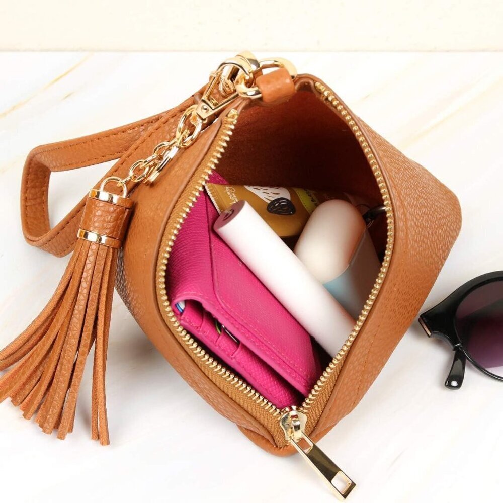 Triangle Vegan Leather Wristlet Clutch Pink Detachable Strap Tassel - Picture 4 of 6